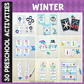 Winter Preschool Unit Math and Literacy Centers