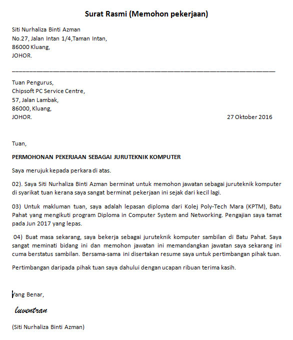 Format Surat Rasmi Tahun 5 2018
