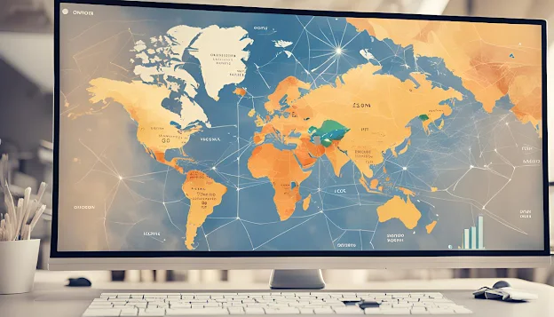 Modern digital world map on a computer screen, featuring interactive zoom and real-time data overlays.