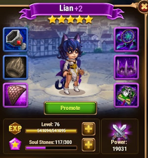 Hero Wars Blue +2 Lian with partially equipped equipment at Level 76