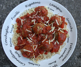 A serving dish of DIY spaghetti, turkey meatballs and tomato sauce from www.anyonita-nibbles.com