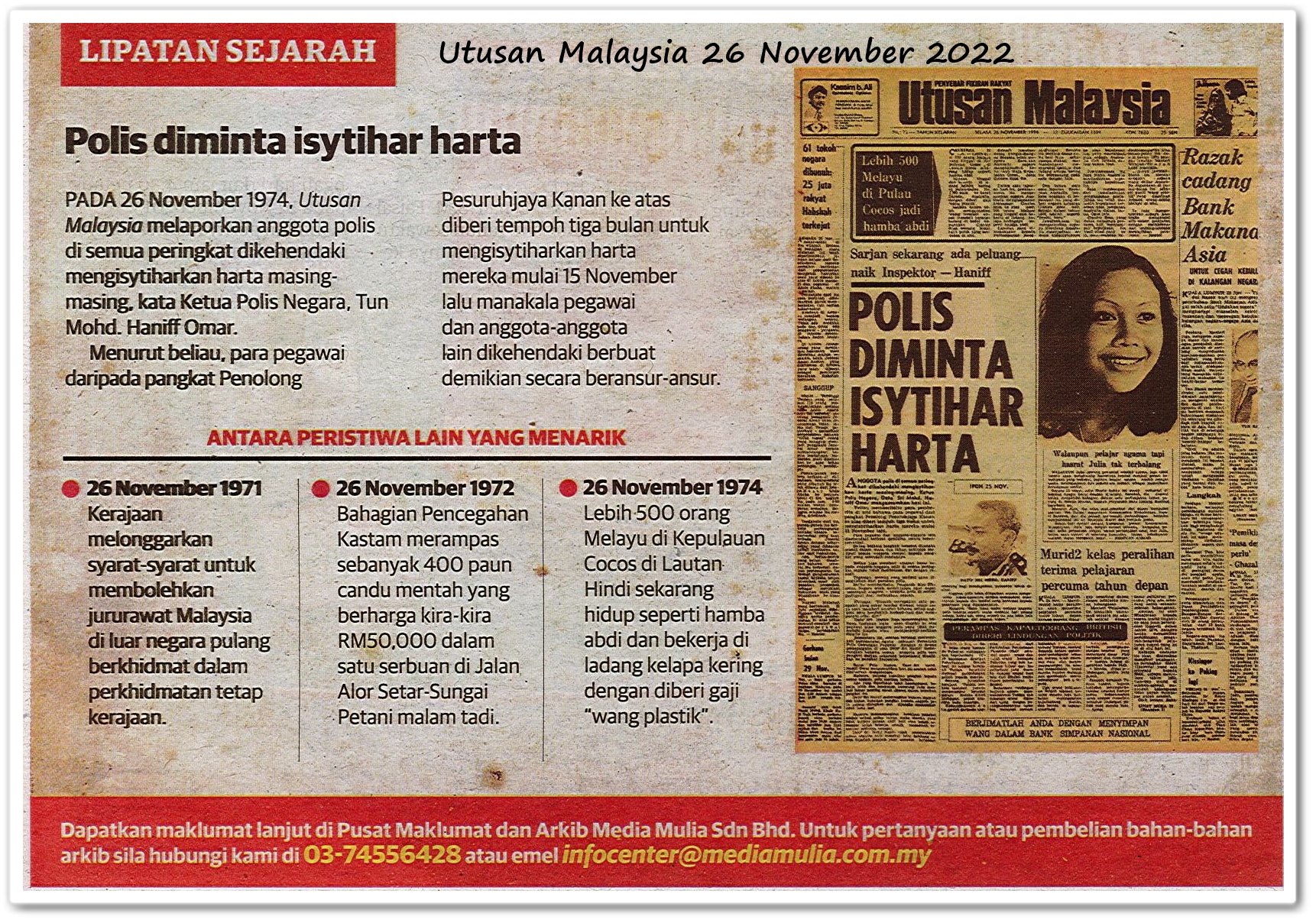Lipatan sejarah 26 November - Keratan akhbar Utusan Malaysia 26 November 2022
