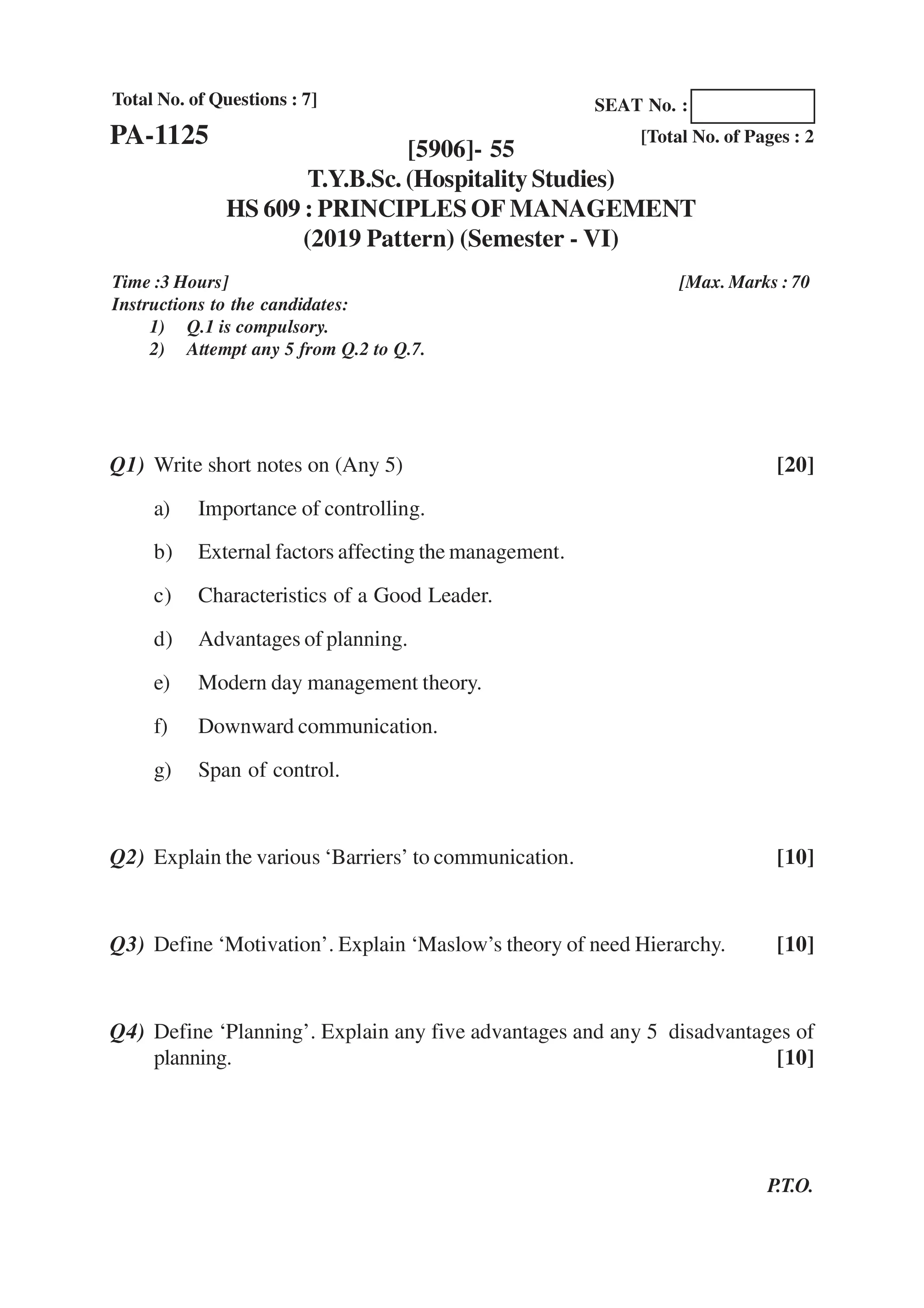 TYBSC(HS)- PRINCIPLES OF MANAGEMENT Question Paper (2019 Pattern)