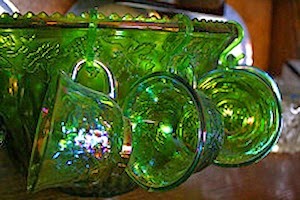 green glass punch bowl and glasses