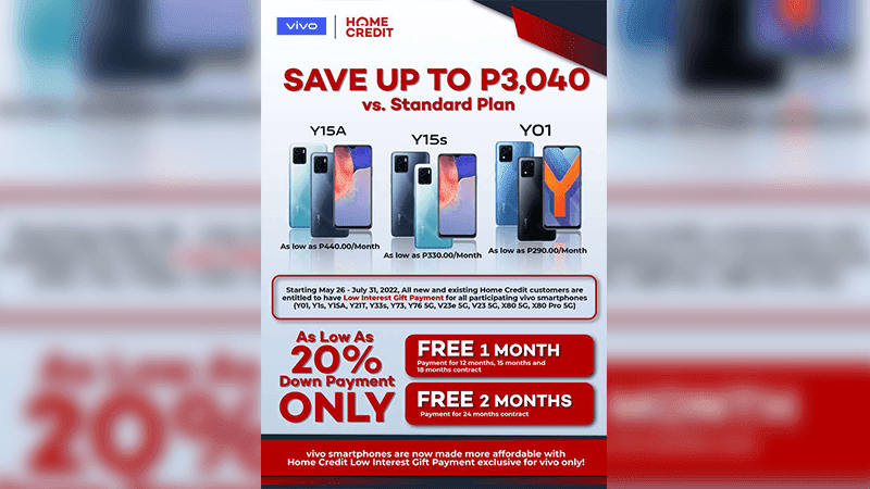 vivo joins Home Credit's Low Interest Gift Payment promo with up to FREE 2 months payment on select smartphones!