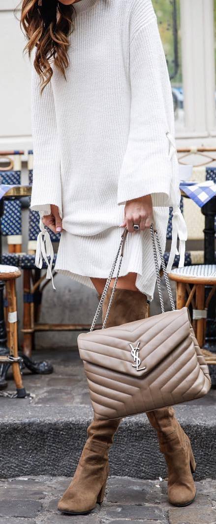 amazing winter outfit / white sweater dress + bag + nude over the knee boots