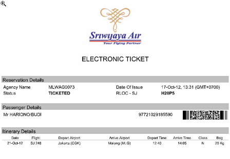 Contoh Tiket Elektronik Sriwijaya Air - e-ticket sriwijaya 