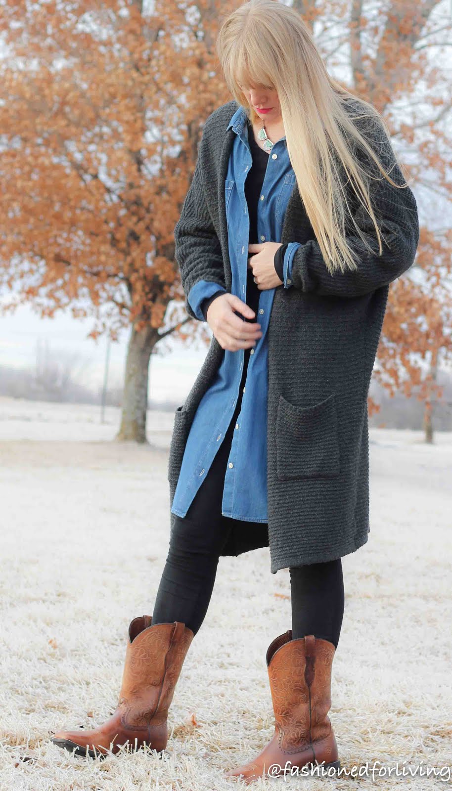 Fashioned For Living: leggings and cowboy boots outfit with shirt dress and  sweater cardigan