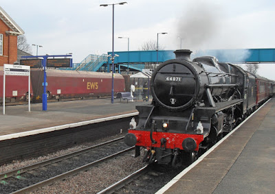 Preserved Black Five loco No 44871 heading an enthusiasts'special train at Barnetby station. Picture on Nigel Fisher's Brigg Blog