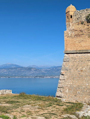 View of a bastion and the sea from Palamidi Fortress in Nafplio Greece