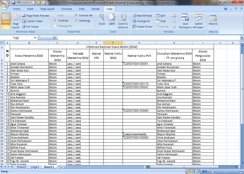 Contoh Rekapitulasi Data Bantuan Siswa Miskin (BSM) Tahun