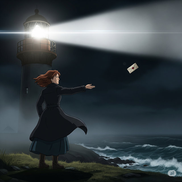 Woman releases letter beneath stormy lighthouse sky