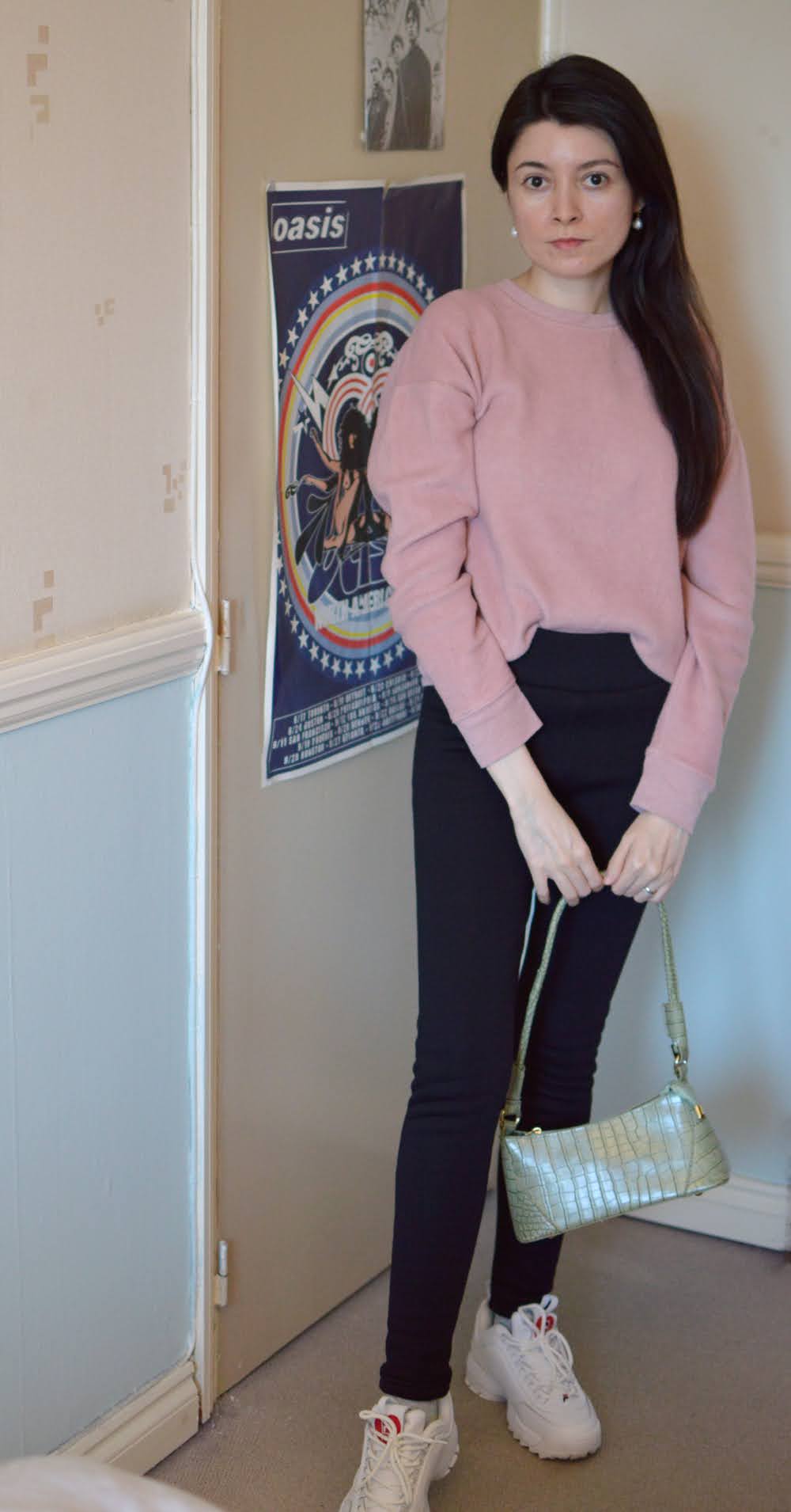 Pink Sweatshirt & Sage Bag