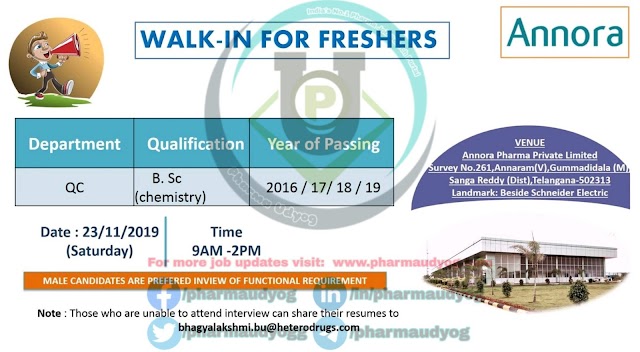 Annora Pharma | Walk-in for Freshers at Hyderabad on 23 Nov 2019 | Pharma Jobs in Hyderabad