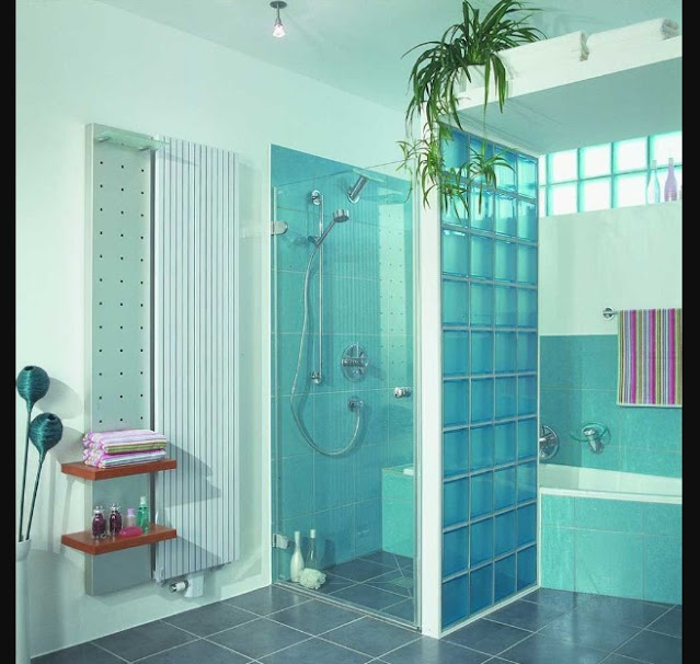 Bathroom Blue Wall Tile Designs Ideas with beautiful built in bathtub and cloistered shower