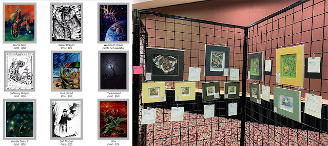 Tyrell E. Gephardt and I both took photos of my Art Show display. I’m not sure whose shot this is. Artwork shown in the photo is ©2012-2022 by Jan S. Gephardt. The gallery of Cat Conrad’s artwork is a screen-grab of 9 publicly shared images on his website. His artwork is © by Cat Conrad.