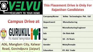 ITI Jobs Campus Placement Drive  for Velvu Technologies Pvt Ltd at Gurukul Private ITI Jaipur, Rajasthan