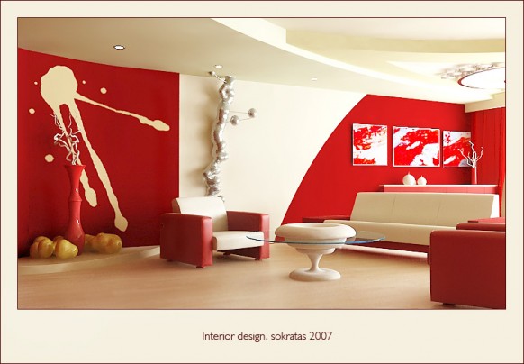 Red and White furniture Living Room Designs