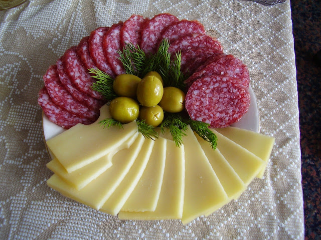 Tray of Salame, Cheese, and Green Olives
