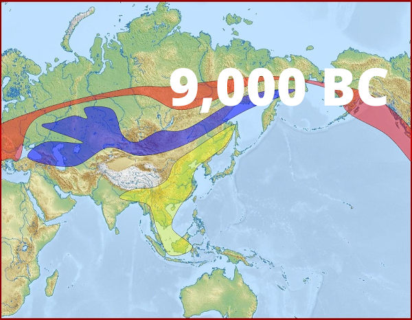 map of the Invasions of 9000 BC. The Three Main Groups: Siberian-American Nomads, Centrasian and Siberian Coastal Turks, SouthEast Asians