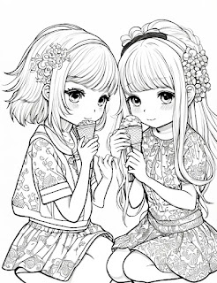 2 little girls eat icecream kawaii anime style