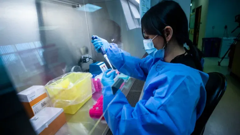 Tecnólogos de laboratório trabalham para sequenciar o genoma do vírus SARS-CoV-2 no BCCDC em Vancouver, British Columbia na terça-feira, 19 de janeiro de 2021. (Ben Nelms / CBC)