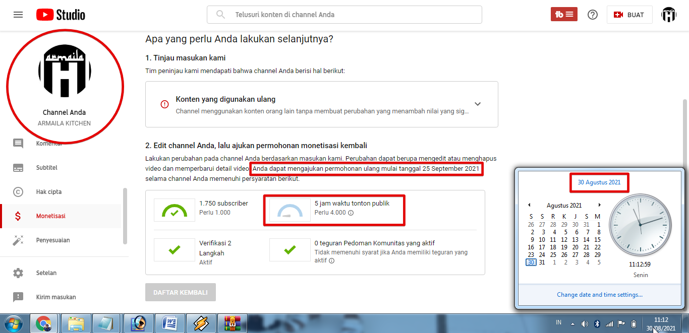 Monetisasi channel Kembali (25 September 2021)