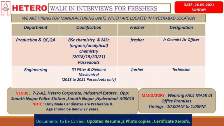 Job Availables,HETERO LABS LIMITED – Job Vacancy  for FRESHERS in Production, QA, QC, Engineering