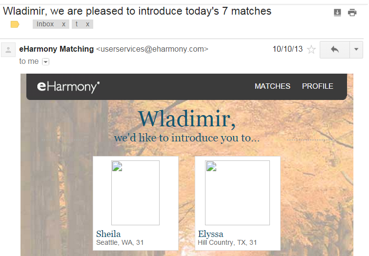 Eharmony matched email to Wladimir and Elyssa