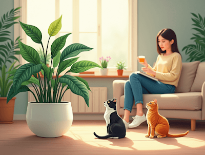 Peace Lily plant in a modern living room with two cats and a woman reading.