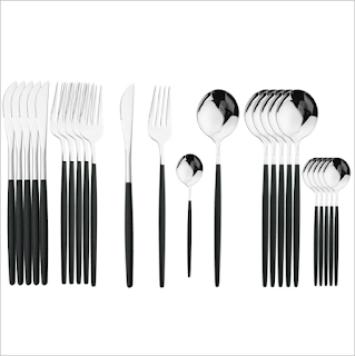 24 pcs Set Stainless Steel Golden Cutlery Knife Fork Spoon - with color silver/black handle