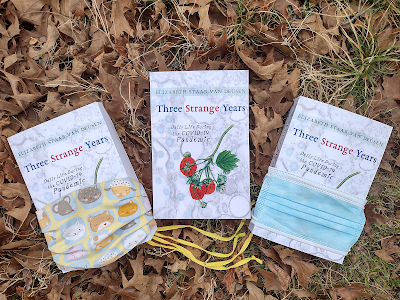 Three copies of a book are laid on the ground, surrounded by dry leaves. Two of the books are wearing face masks, one a homemade cloth mask and the other a blue disposable mask. The book in the middle is uncovered and can be seen clearly. The book cover features strawberries against a background of COVID virus, with the words "Three Strange Years: Daily Life During the COVID-19 Pandemic."