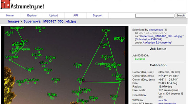 Astrometry,net indicates the supernova location is in the cropped image (Source: Palmia Observatory)