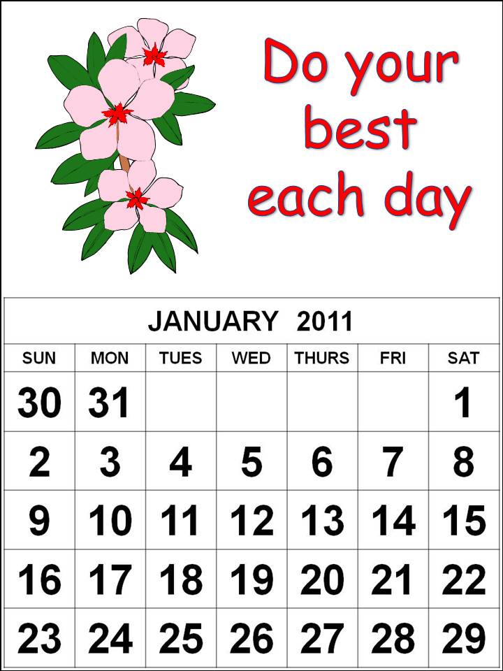 January 2011 Calendar For Kids. Cartoon Flowers January 2011