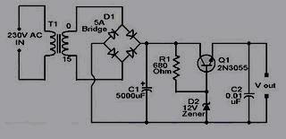 rangkaian adaptor 12 volt 2N3055