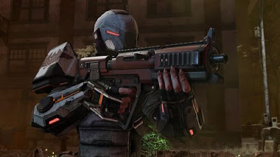 An image of a Skirmisher with his bullpup assault rifle at the ready