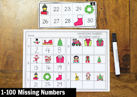Kindergarten Math Center for December: 1-100 Missing Numbers