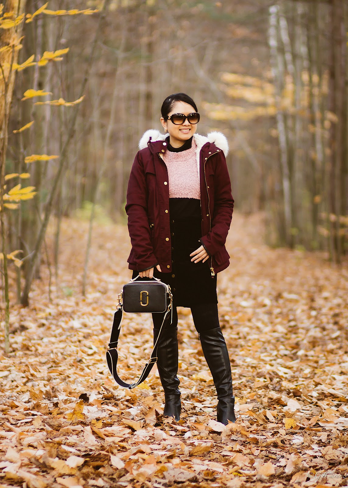 Topshop Hooded Parka | Franco Sarto Knee High Boots | Gucci Sunglasses | Marc Jacobs Sure Shot Bag | Corduroy Skirt | Petite Style | Fall Fashion