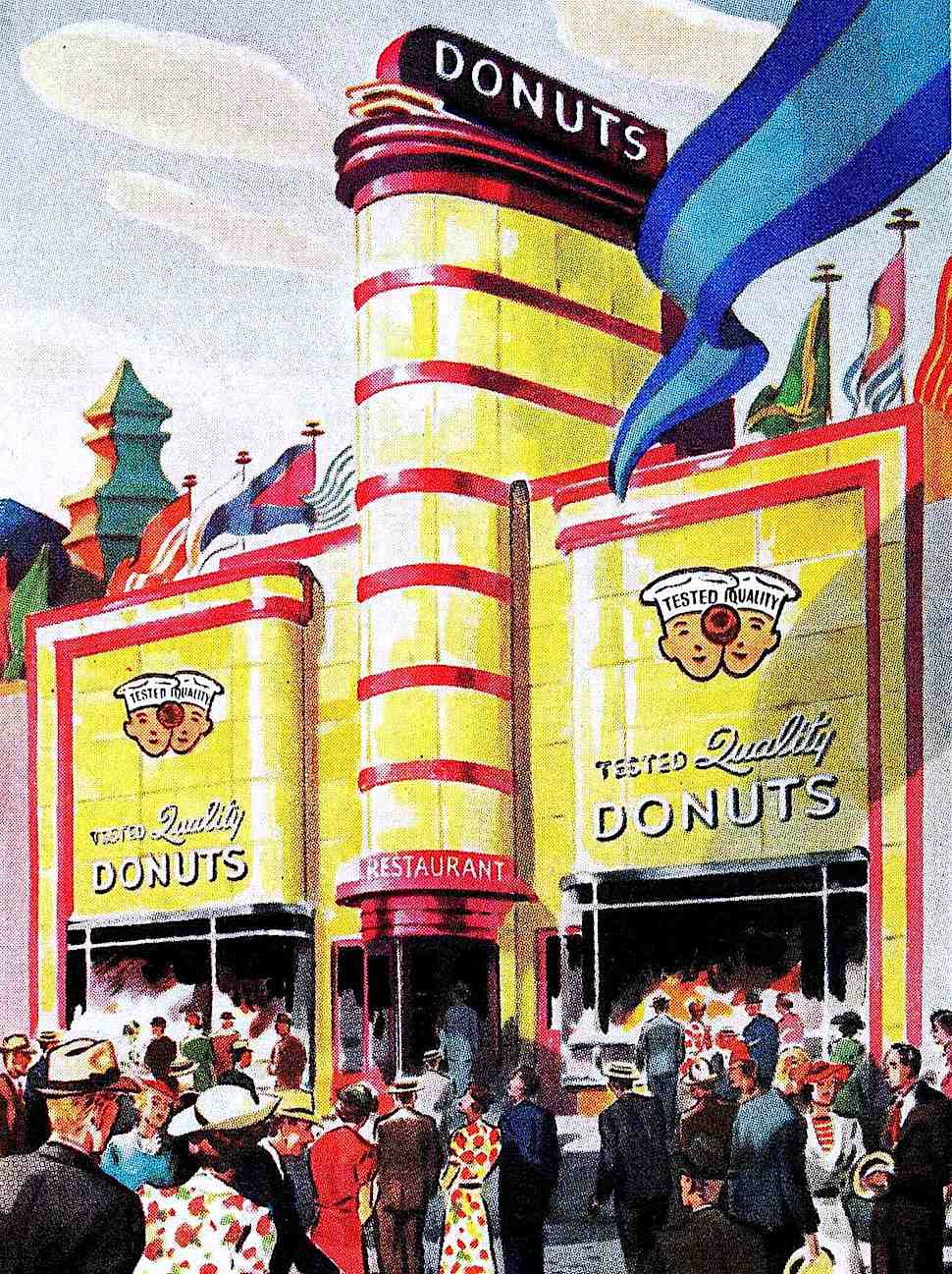 fun donuts for everyone at the 1939 San Francisco World's Fair, a color illustration