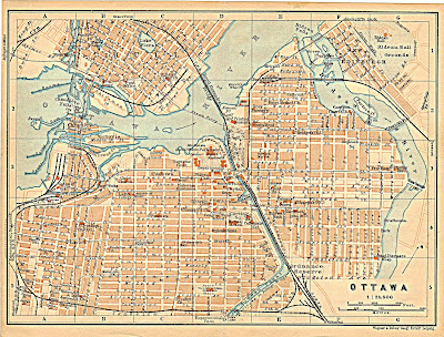 Scan of a map with red, blue, and black ink showing the entire central area of Ottawa from the railway tracks in the west to the Rideau River in the east, parts of Hull and New Edinburh in the north, and Isabella in the south. Only major buildings (Churches, Schools, Parliament Buildings, etc.) are drawn (in red) and labelled. Streetcar (solid line) and heavy rail lines (hashed lines) are drawn in black. The map was colour enhanced post scanning.