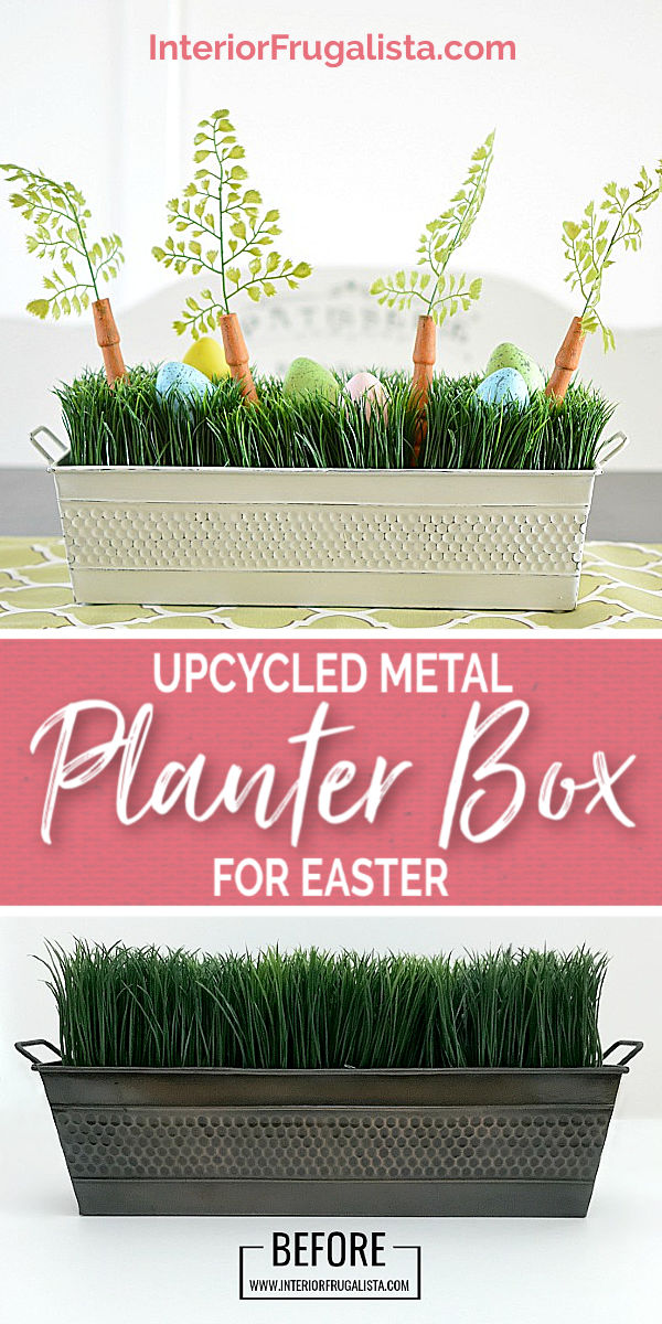 An upcycled Easter centerpiece box with faux wheatgrass, chair spindle carrots, and DIY speckled eggs for a fun budget Easter table decoration idea. #wheatgrasscenterpiece #tablecenterpiece #eastercenterpiece #springcenterpiece