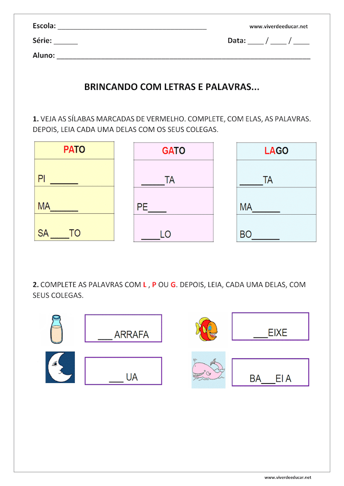 Atividade para Trabalhar Sílabas e Consoantes - 1º Ano do Fundamental