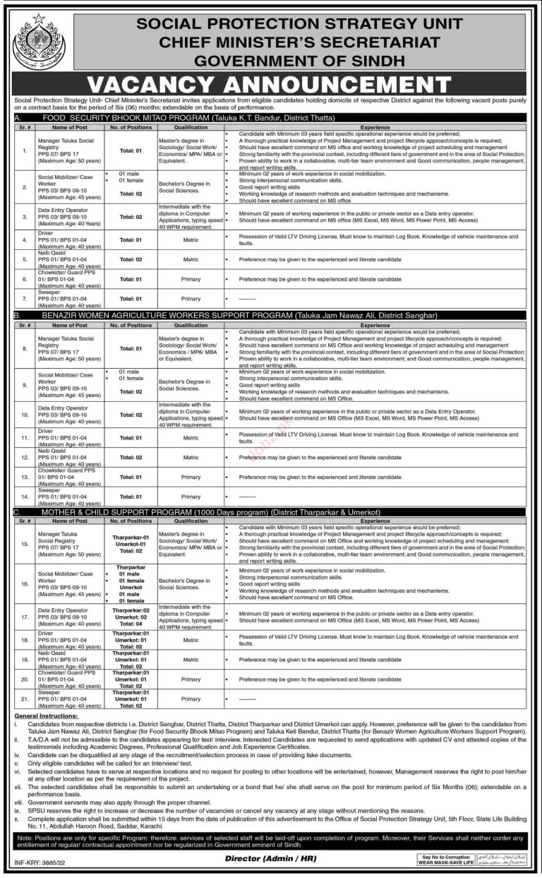  Social Protection Strategy Unit Sindh Jobs 2022 SPSU Sindh Jobs 2022