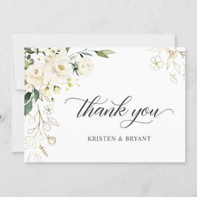  Greenery White Rose Gold Floral Wedding Thank You Card