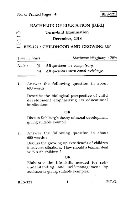IGNOU b.ed previous year questions paper.