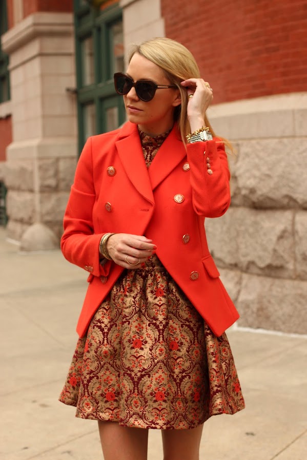 atlantic pacific ootd fashion jcrew tapestry topshop dress orange blazer
