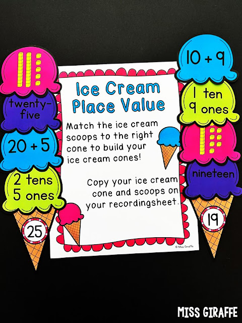 Place value ice cream cones center is such a fun lesson for teaching tens and ones, base 10 blocks, expanded form, and number words all in one consolidated activity! Great for first grade and kindergarten math time