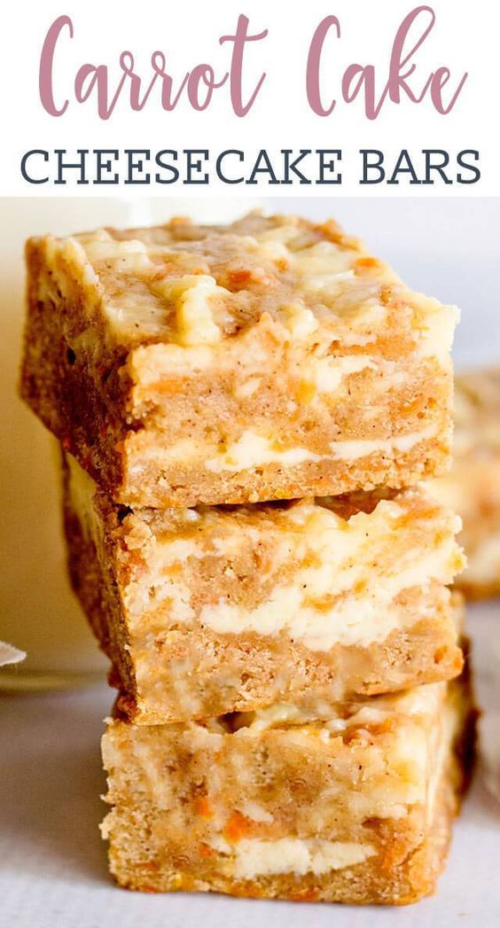 These cream cheese carrot cake bars have a rich cream cheese swirl, making this carrot cake dessert recipe an indulgent treat for Easter or spring parties! #carrotcake #recipe #cheesecake #creamcheese #spring #easter