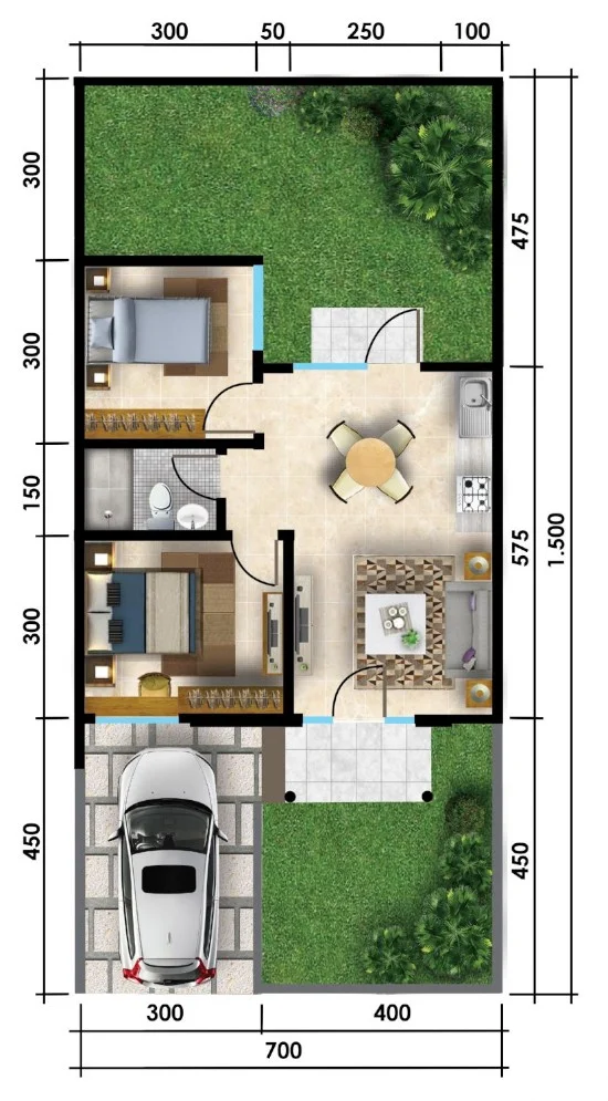 berikutnya masih dengan ukuran lahan lebar  5 Denah rumah minimalis ukuran 7x15 meter 2 kamar tidur 1 lantai + tampak depan