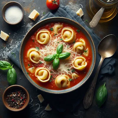Das Bild zeigt eine Schale gefüllt mit Tomatensuppe und Tortellini. Die Suppe sieht lecker und appetitlich aus.
